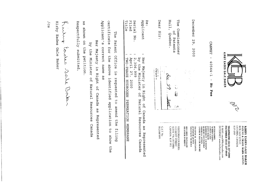 Document de brevet canadien 2306999. Correspondance 20001229. Image 1 de 1