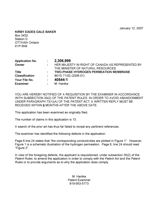 Canadian Patent Document 2306999. Prosecution-Amendment 20070112. Image 1 of 1