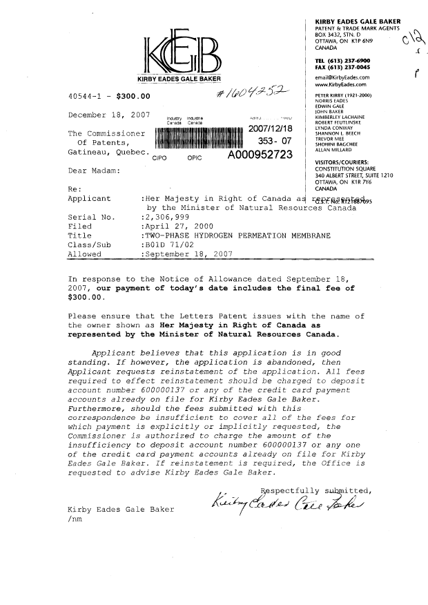 Document de brevet canadien 2306999. Correspondance 20071218. Image 1 de 1