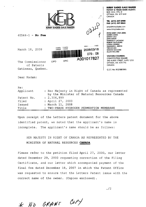 Document de brevet canadien 2306999. Correspondance 20080318. Image 1 de 6