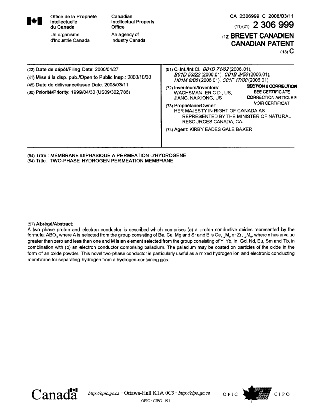 Document de brevet canadien 2306999. Page couverture 20080528. Image 1 de 2