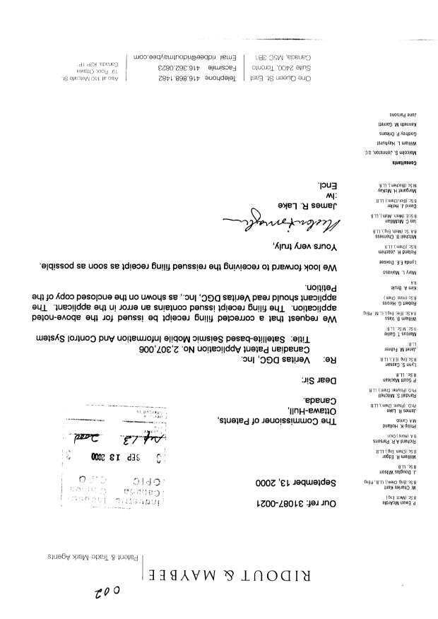 Canadian Patent Document 2307006. Correspondence 20000913. Image 1 of 3