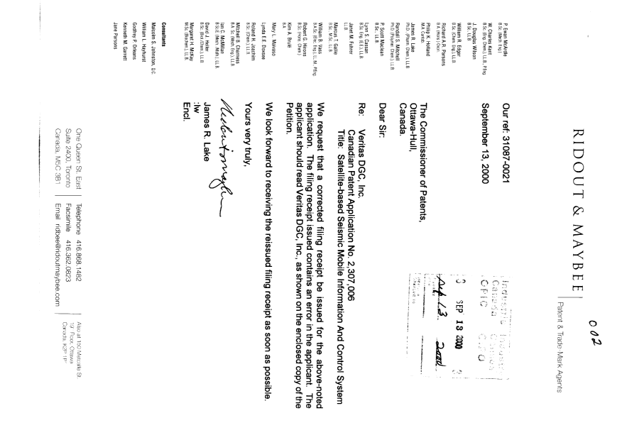 Document de brevet canadien 2307006. Correspondance 20000913. Image 1 de 3
