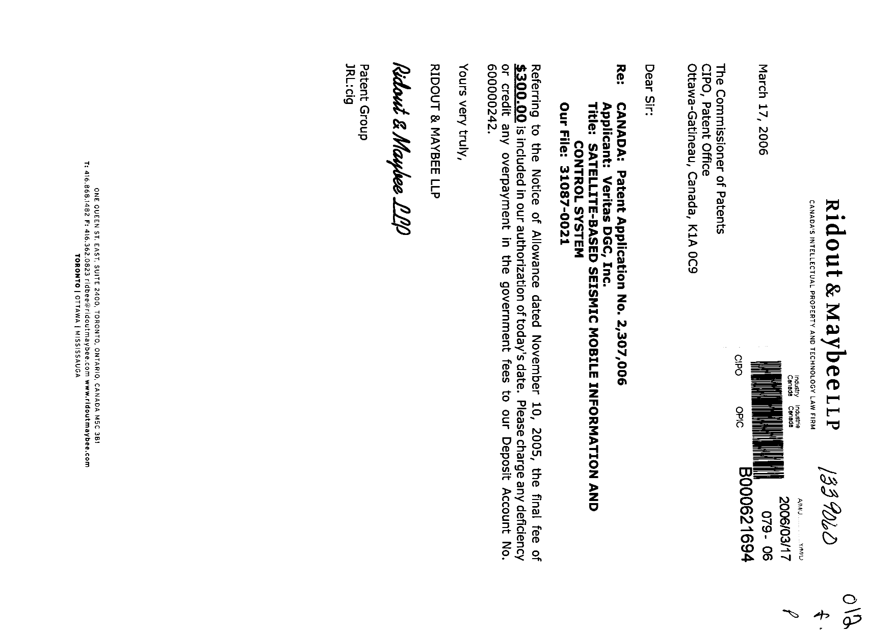 Canadian Patent Document 2307006. Correspondence 20060317. Image 1 of 1
