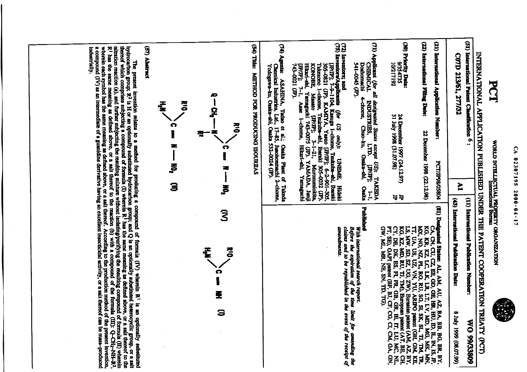 Canadian Patent Document 2307195. Abstract 20000417. Image 1 of 1