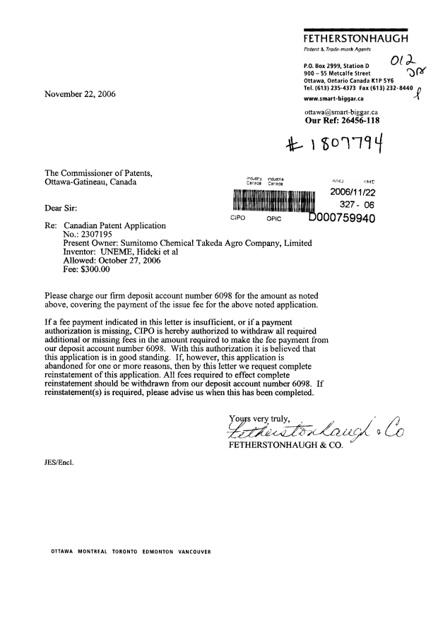 Document de brevet canadien 2307195. Correspondance 20061122. Image 1 de 1
