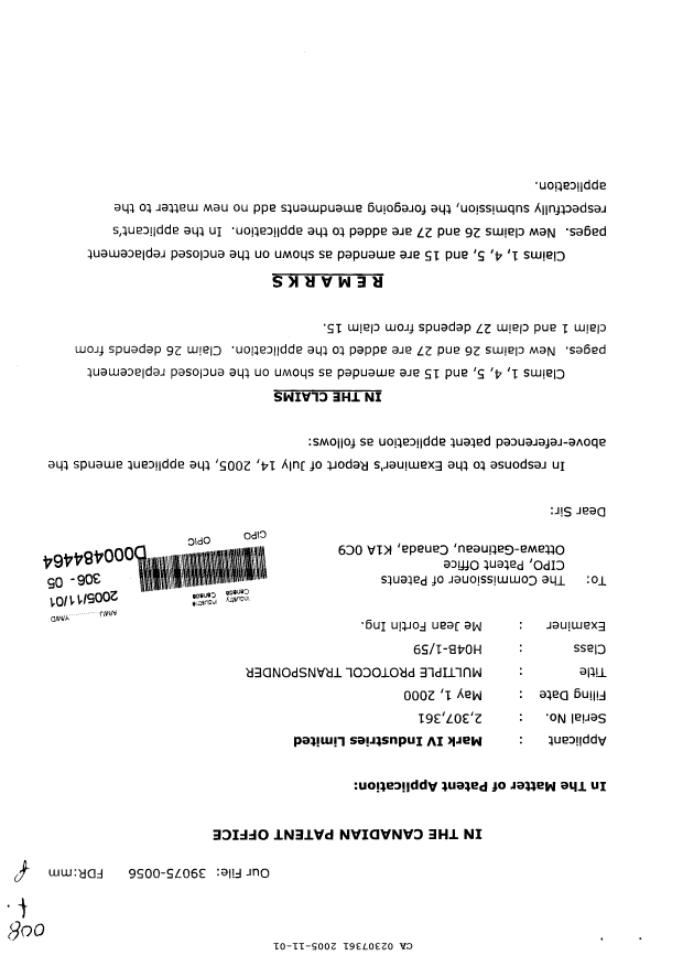 Canadian Patent Document 2307361. Prosecution-Amendment 20051101. Image 1 of 9