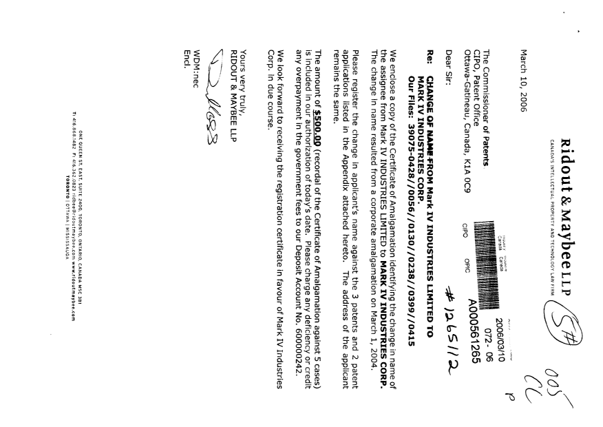 Document de brevet canadien 2307361. Cession 20060310. Image 1 de 3