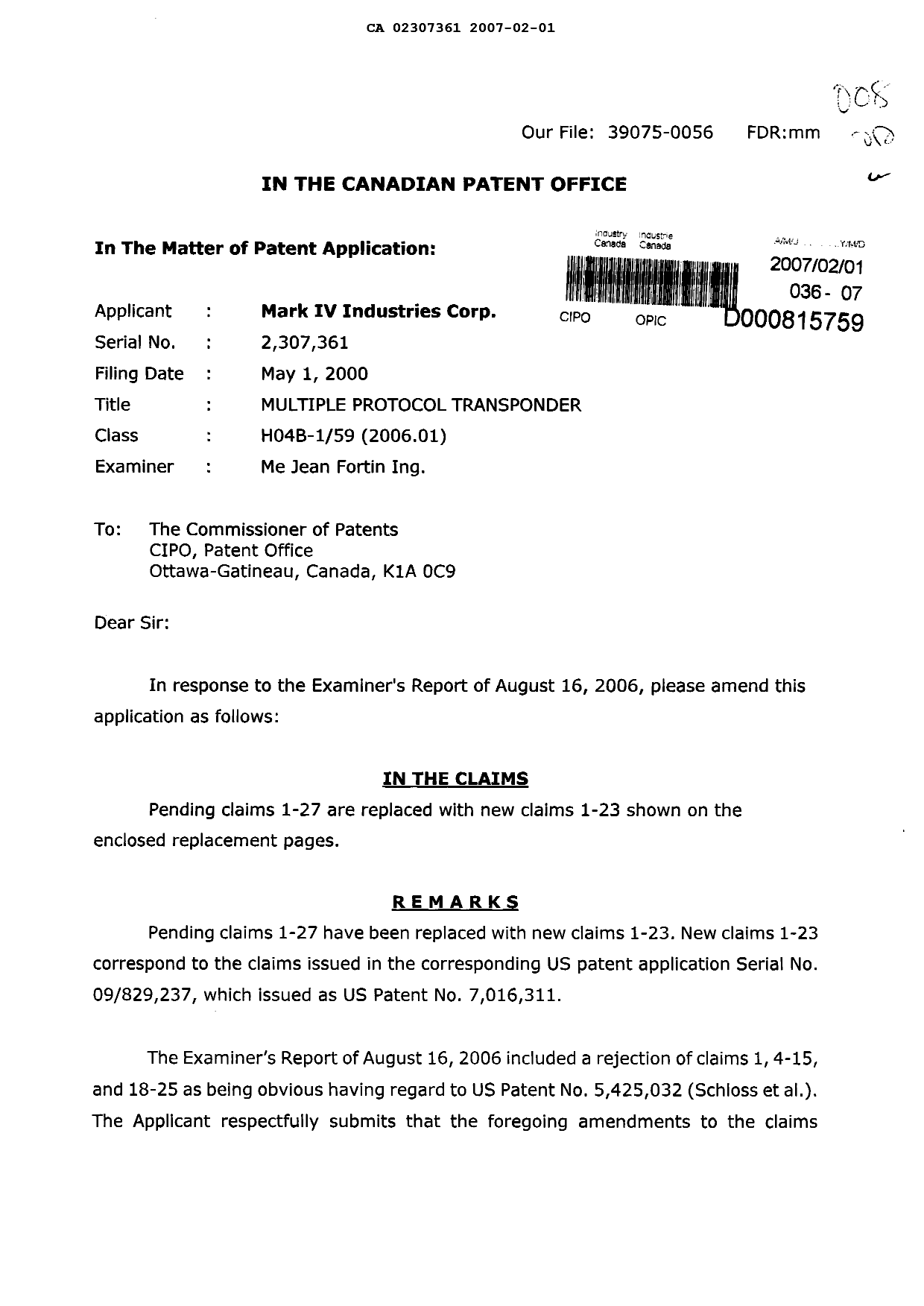 Canadian Patent Document 2307361. Prosecution-Amendment 20070201. Image 1 of 8