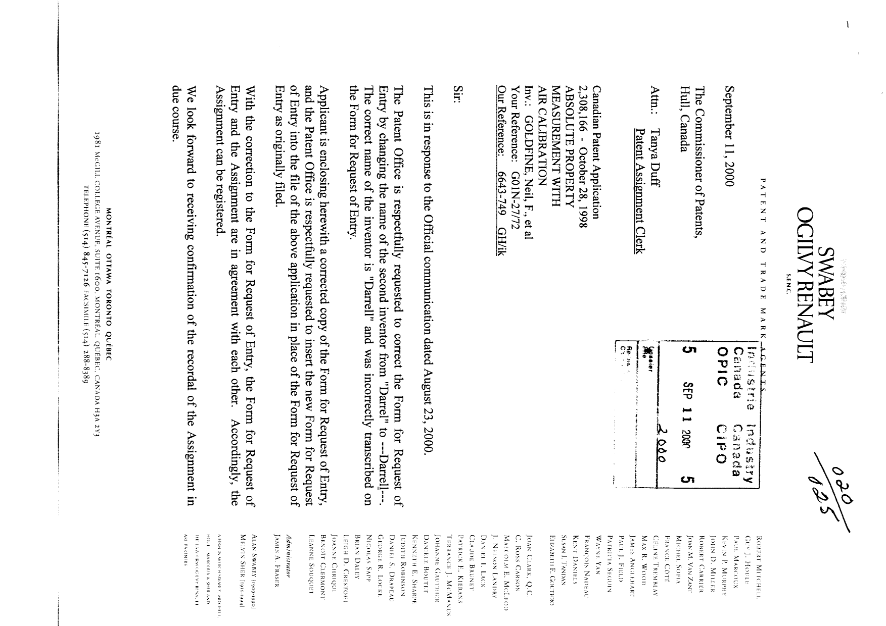 Canadian Patent Document 2308166. Correspondence 20000911. Image 1 of 3
