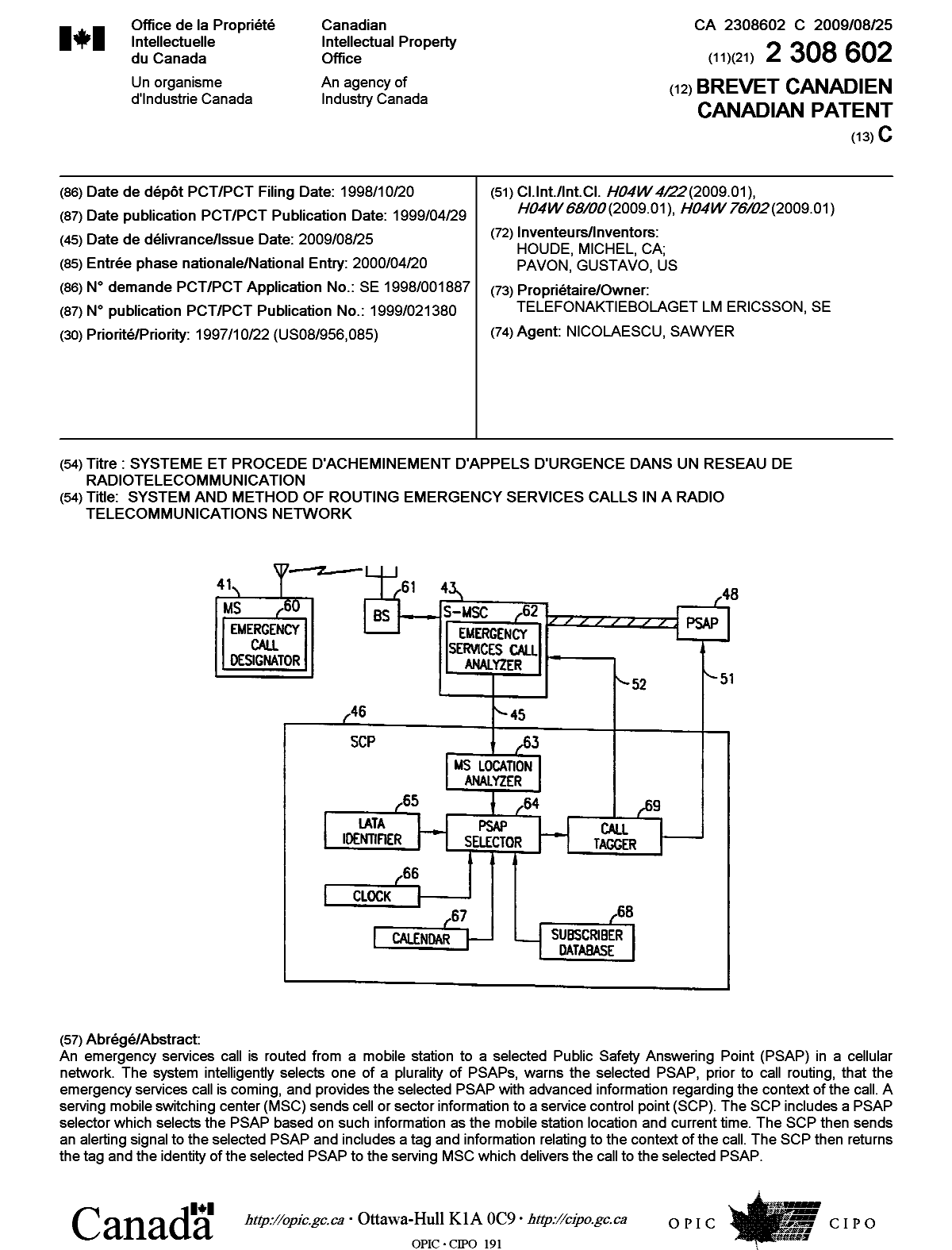 Canadian Patent Document 2308602. Cover Page 20090728. Image 1 of 1