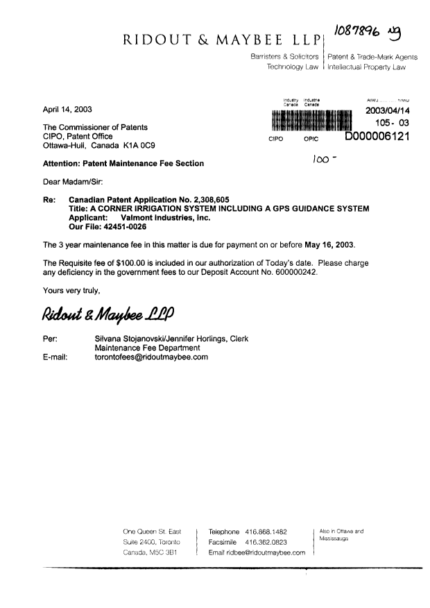 Canadian Patent Document 2308605. Fees 20030414. Image 1 of 1