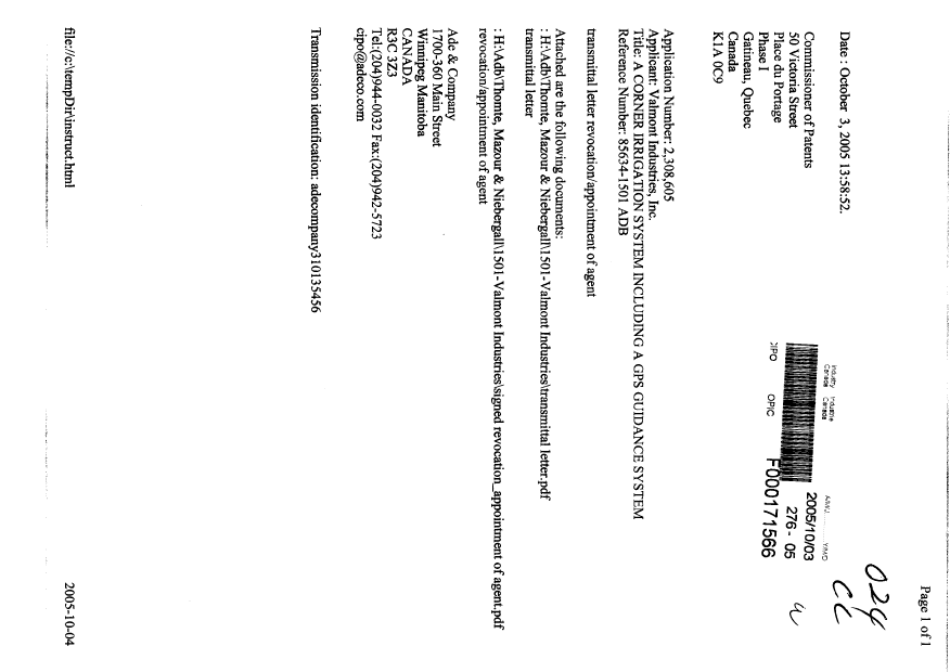 Document de brevet canadien 2308605. Correspondance 20051003. Image 1 de 3