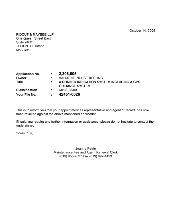Canadian Patent Document 2308605. Correspondence 20051014. Image 1 of 1