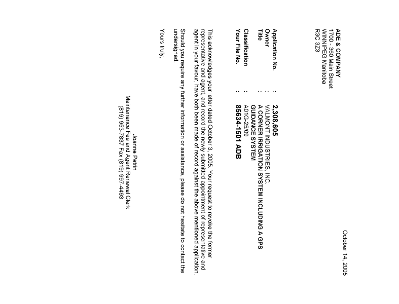 Document de brevet canadien 2308605. Correspondance 20051014. Image 1 de 1