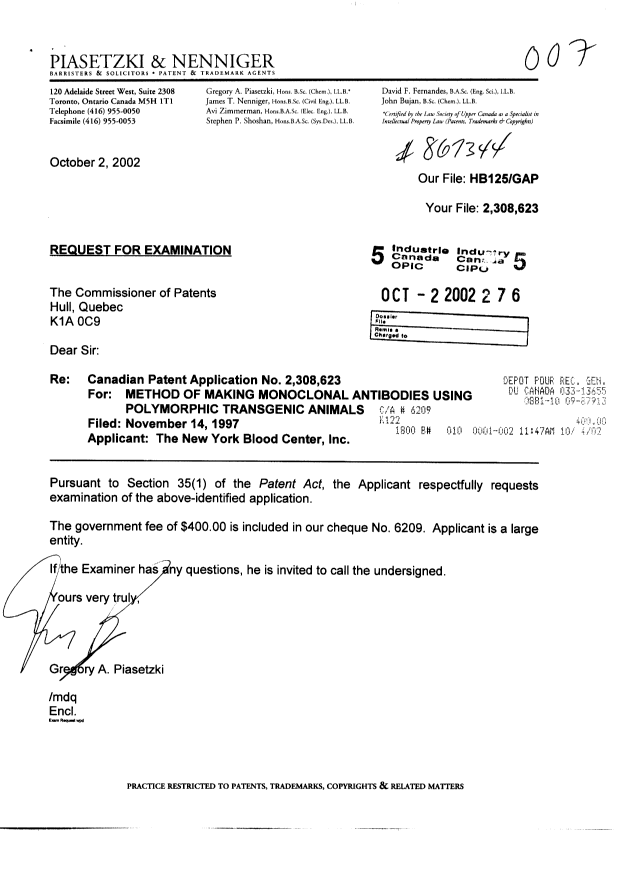 Canadian Patent Document 2308623. Prosecution-Amendment 20021002. Image 1 of 1