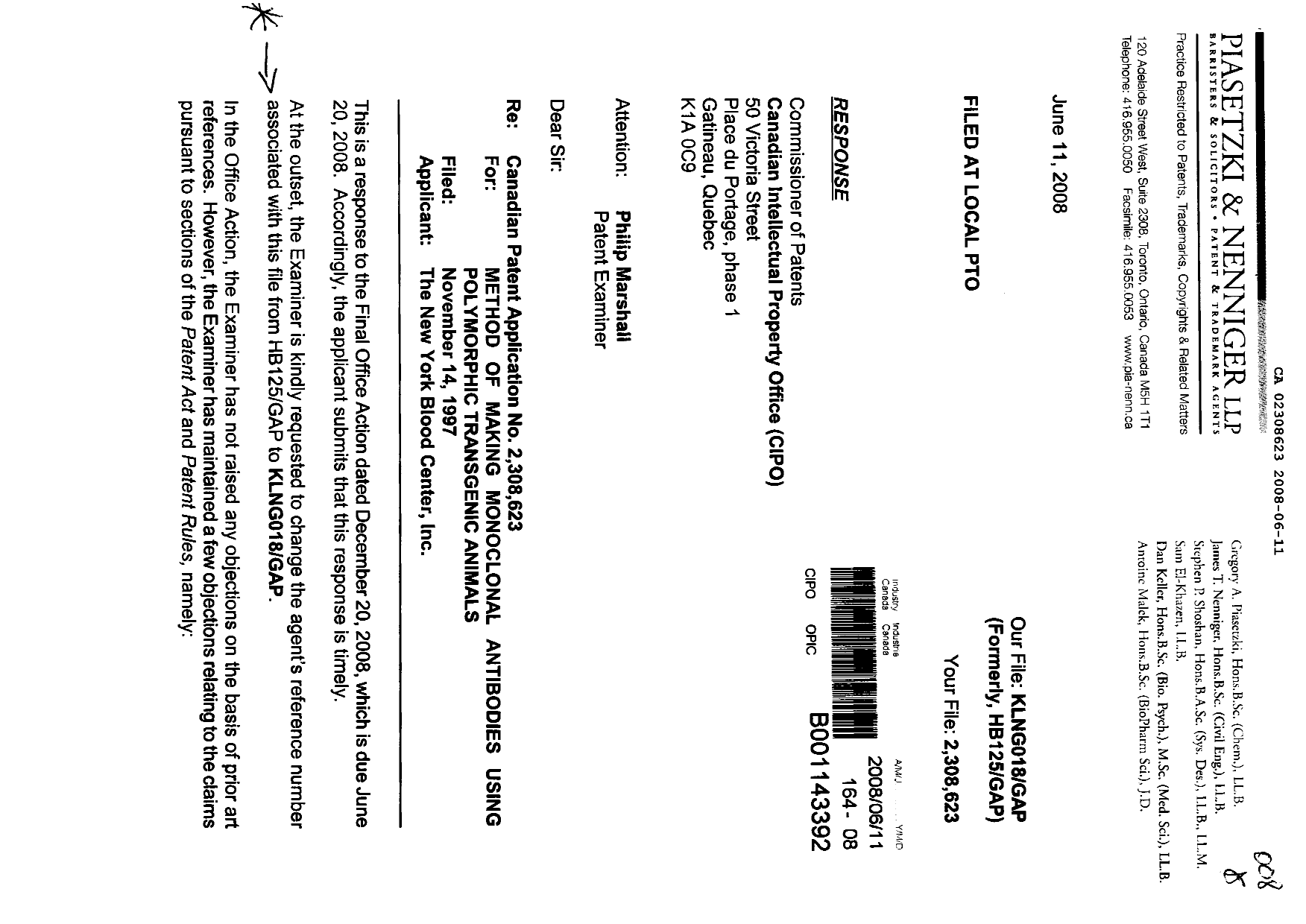 Canadian Patent Document 2308623. Prosecution-Amendment 20080611. Image 1 of 7