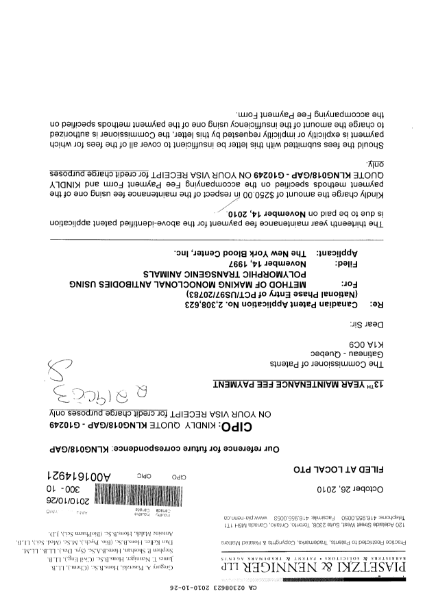 Canadian Patent Document 2308623. Fees 20101026. Image 1 of 2