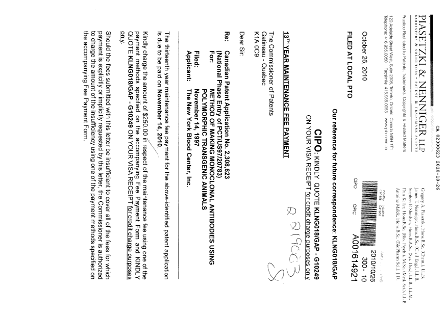 Document de brevet canadien 2308623. Taxes 20101026. Image 1 de 2