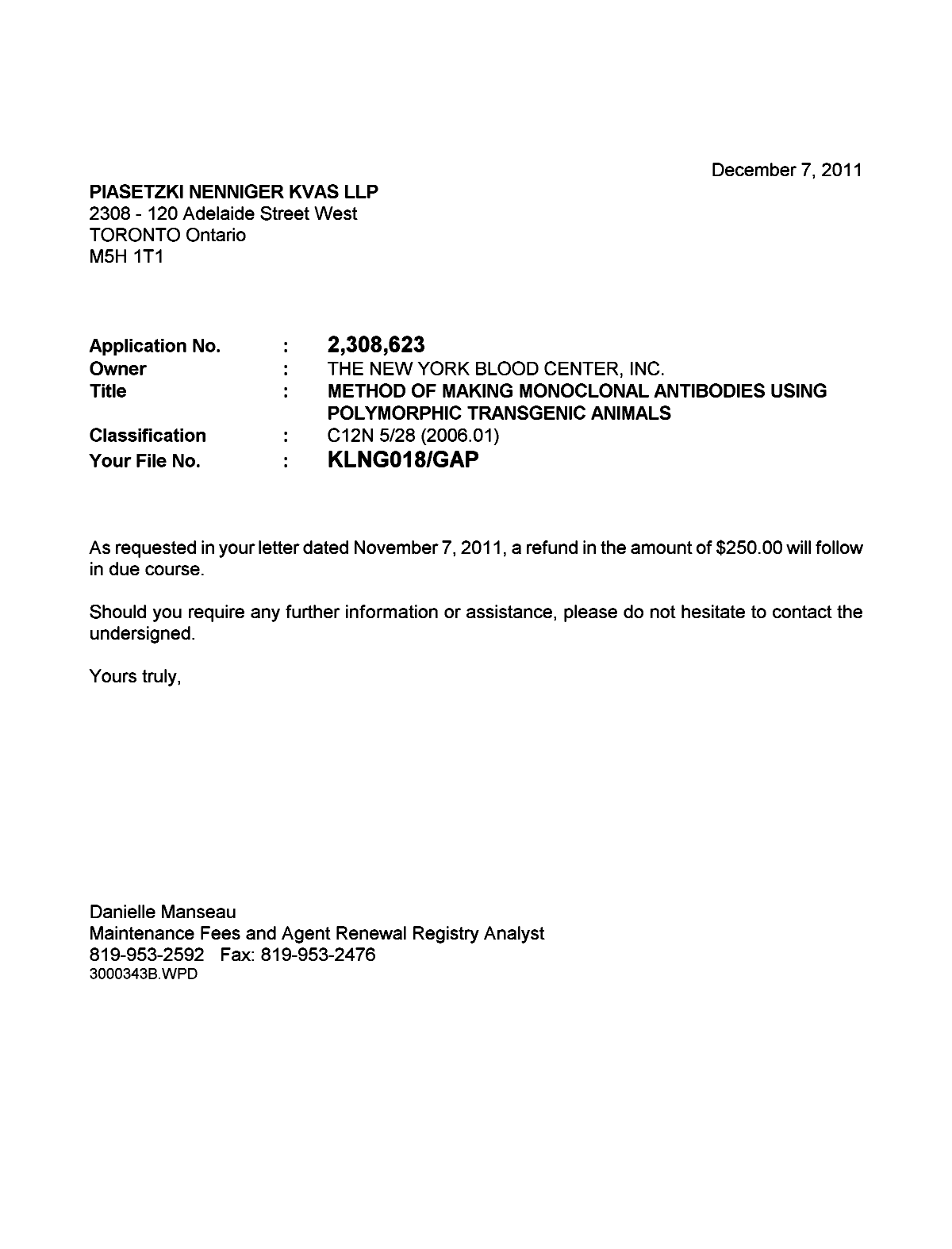 Document de brevet canadien 2308623. Correspondance 20111207. Image 1 de 1