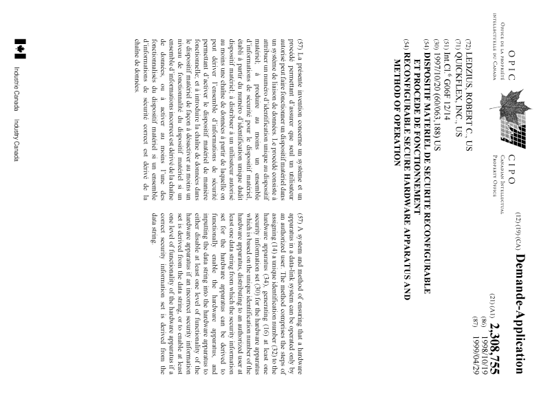 Document de brevet canadien 2308755. Page couverture 20000727. Image 1 de 1