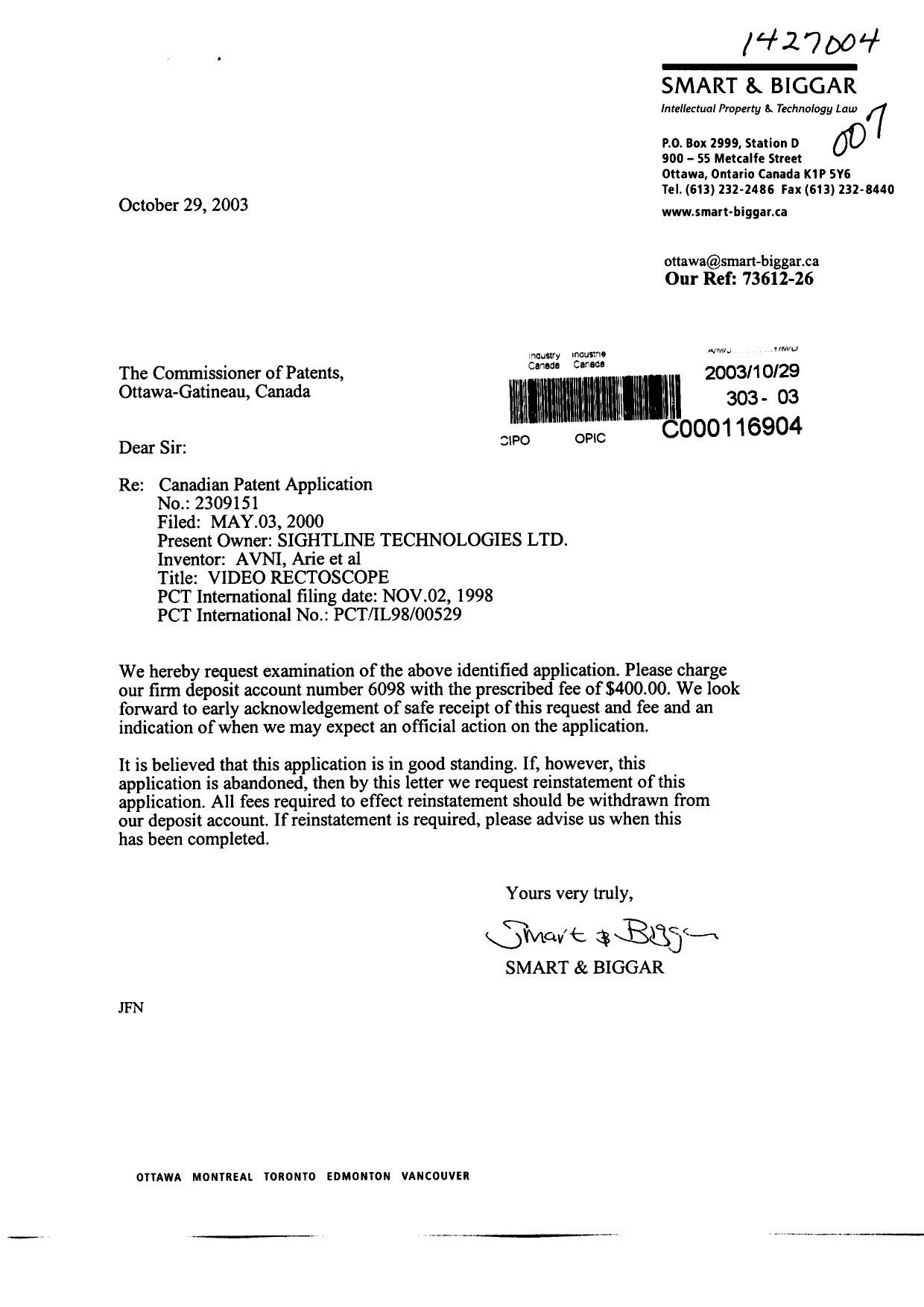 Document de brevet canadien 2309151. Poursuite-Amendment 20031029. Image 1 de 1