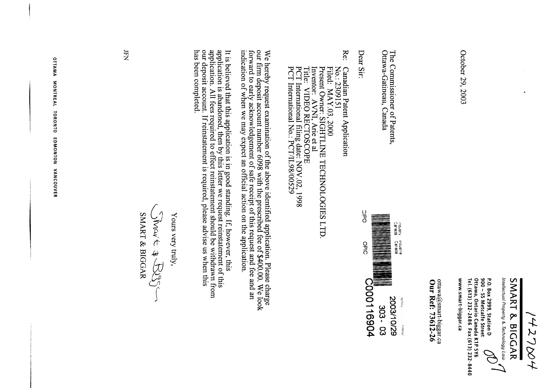 Canadian Patent Document 2309151. Prosecution-Amendment 20031029. Image 1 of 1