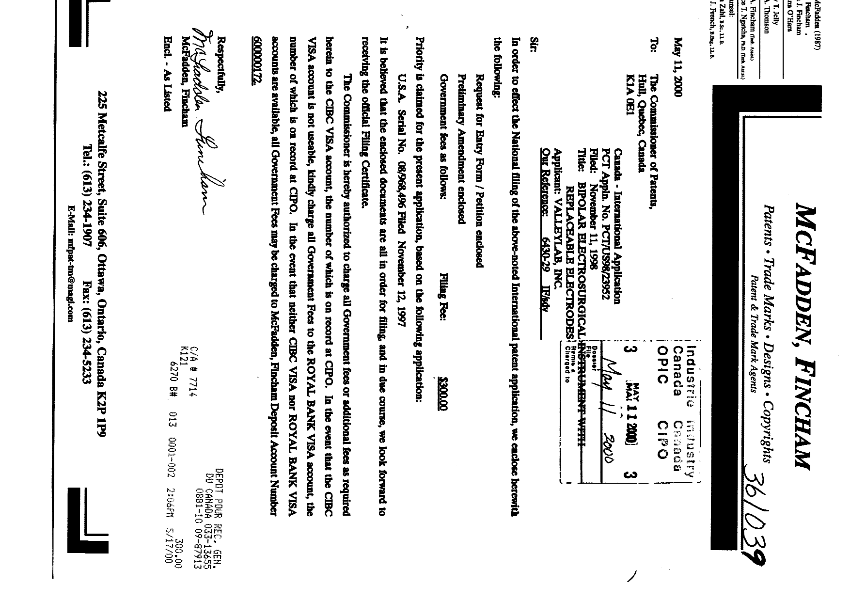 Canadian Patent Document 2310039. Assignment 20000511. Image 1 of 2