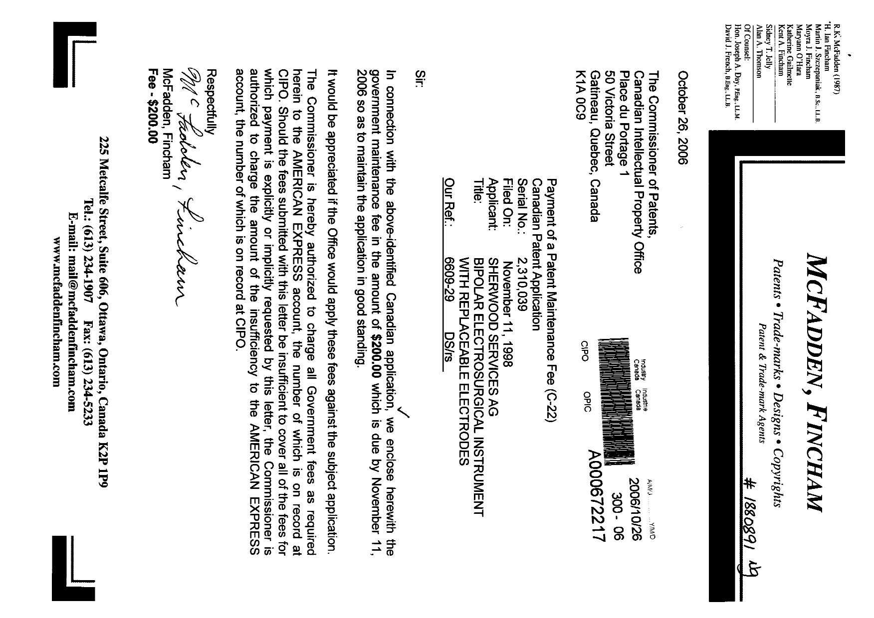 Canadian Patent Document 2310039. Fees 20061026. Image 1 of 1