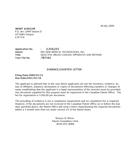 Document de brevet canadien 2310223. Correspondance 20000713. Image 1 de 1
