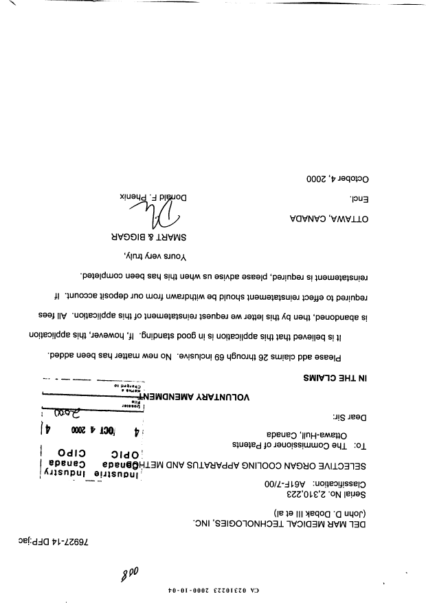 Canadian Patent Document 2310223. Prosecution-Amendment 20001004. Image 1 of 13