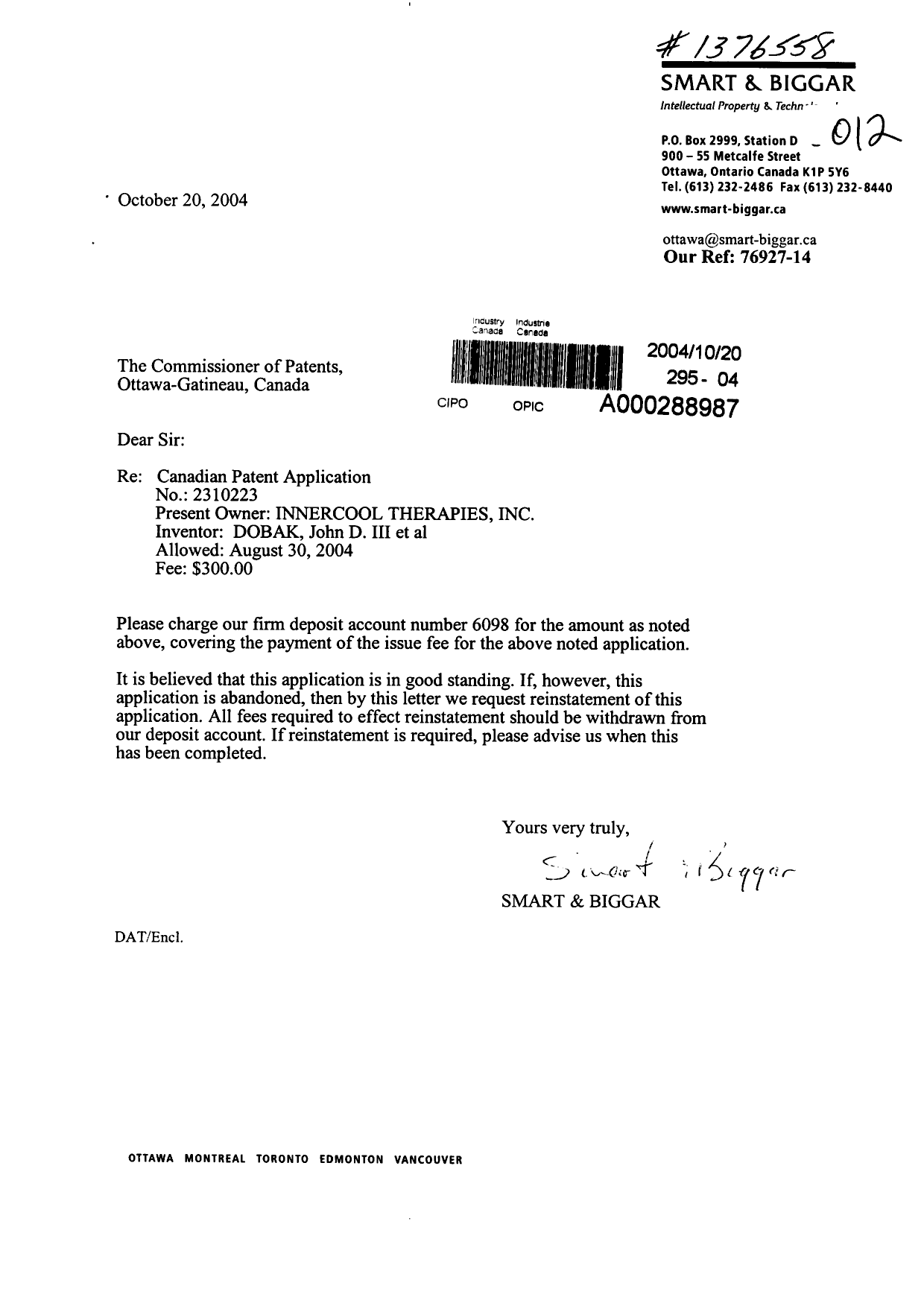 Document de brevet canadien 2310223. Correspondance 20041020. Image 1 de 1