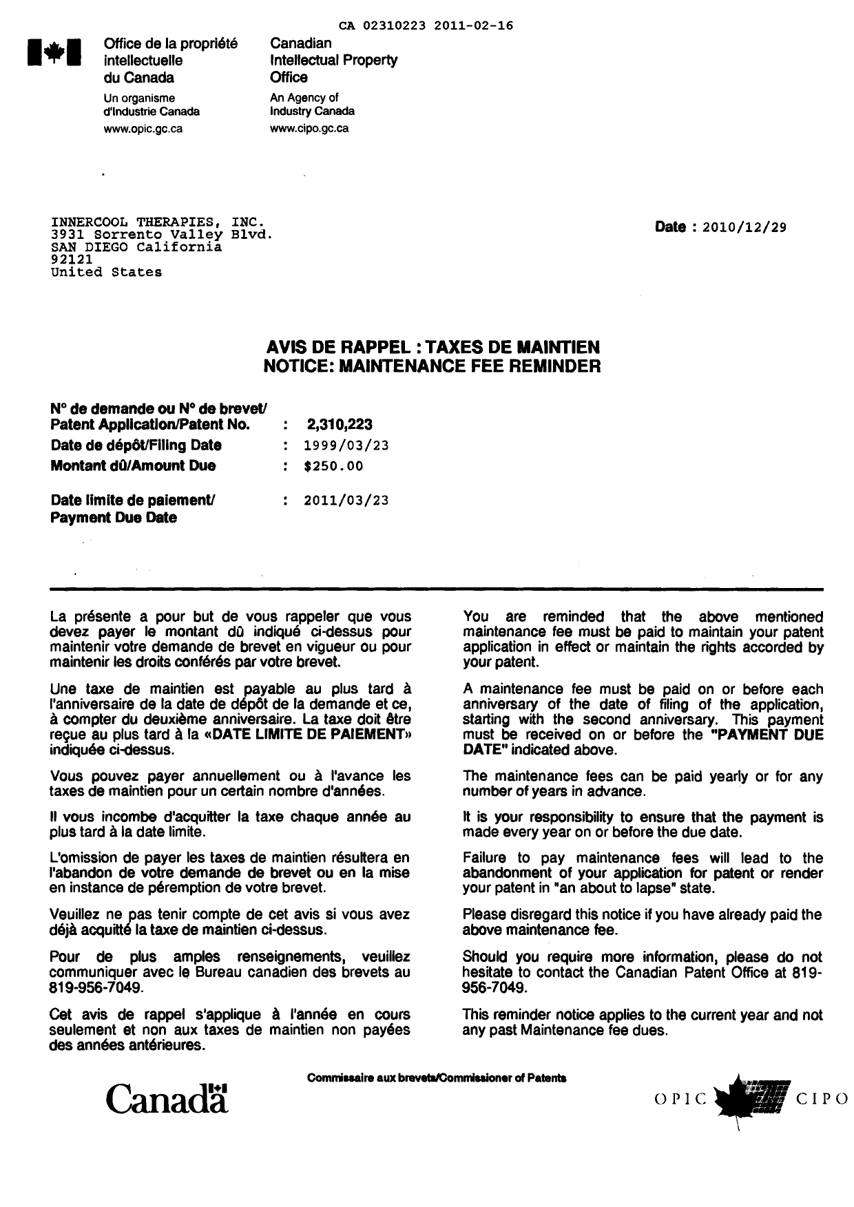 Document de brevet canadien 2310223. Correspondance 20110216. Image 1 de 2