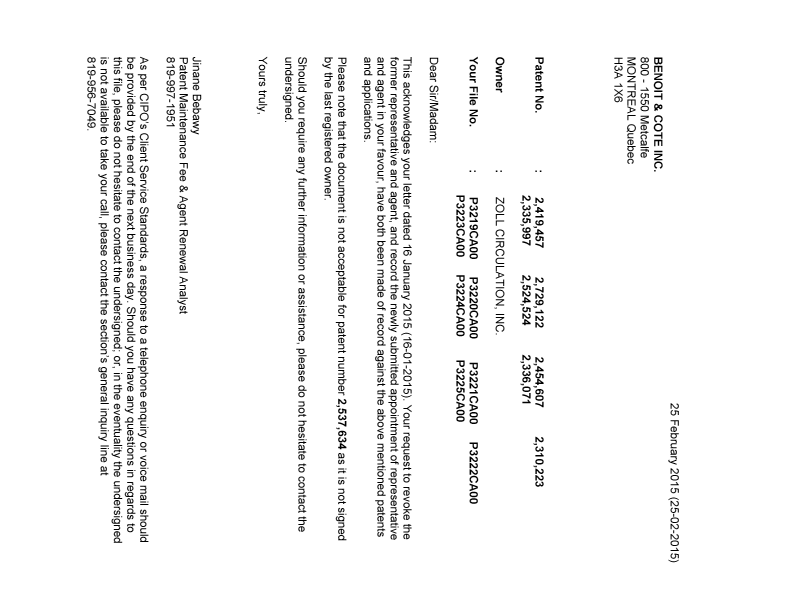 Document de brevet canadien 2310223. Correspondance 20150225. Image 1 de 1