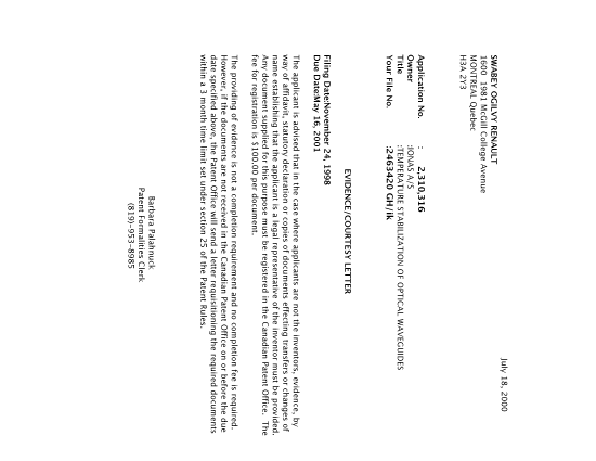 Document de brevet canadien 2310316. Correspondance 20000713. Image 1 de 1