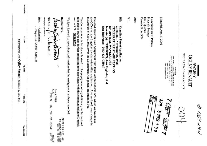 Document de brevet canadien 2310316. Cession 20020408. Image 1 de 2