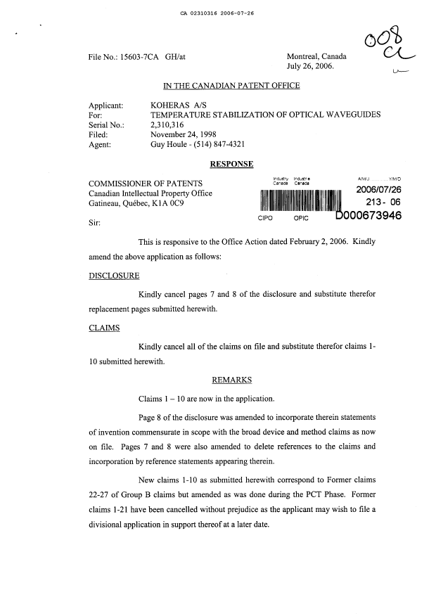 Canadian Patent Document 2310316. Prosecution-Amendment 20060726. Image 1 of 8