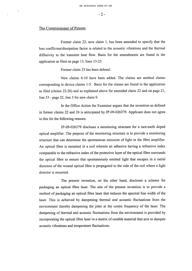 Document de brevet canadien 2310316. Poursuite-Amendment 20060726. Image 2 de 8
