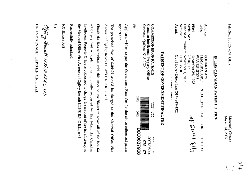 Document de brevet canadien 2310316. Correspondance 20070314. Image 1 de 1