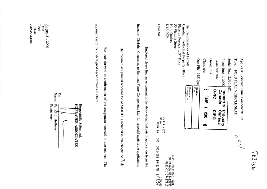 Document de brevet canadien 2310547. Cession 20000901. Image 1 de 4