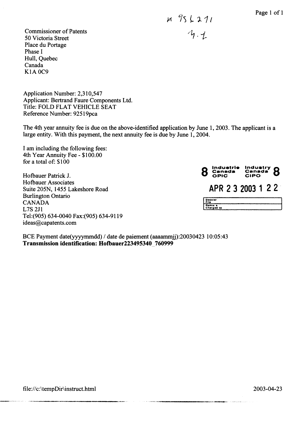 Document de brevet canadien 2310547. Taxes 20030423. Image 1 de 1
