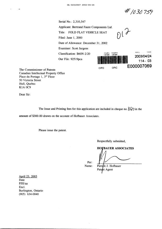 Document de brevet canadien 2310547. Correspondance 20030424. Image 1 de 1