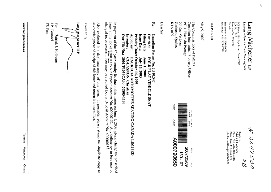 Document de brevet canadien 2310547. Taxes 20070509. Image 1 de 1