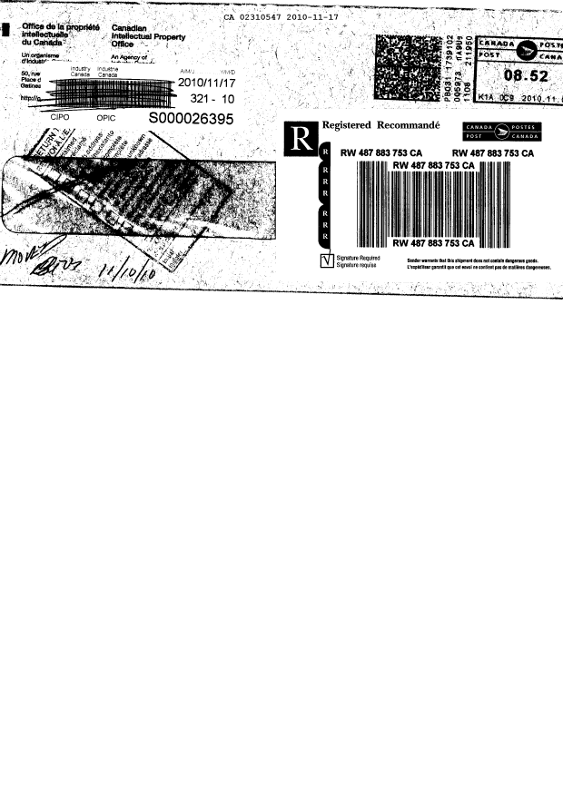 Document de brevet canadien 2310547. Correspondance 20101117. Image 2 de 2