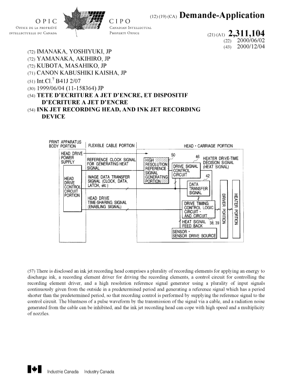 Canadian Patent Document 2311104. Cover Page 20001129. Image 1 of 1