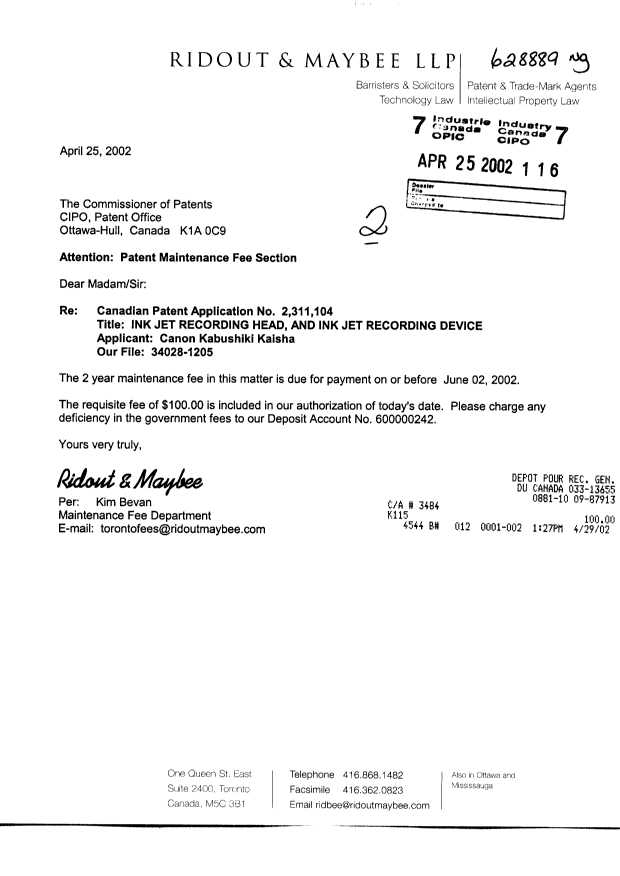 Document de brevet canadien 2311104. Taxes 20020425. Image 1 de 1