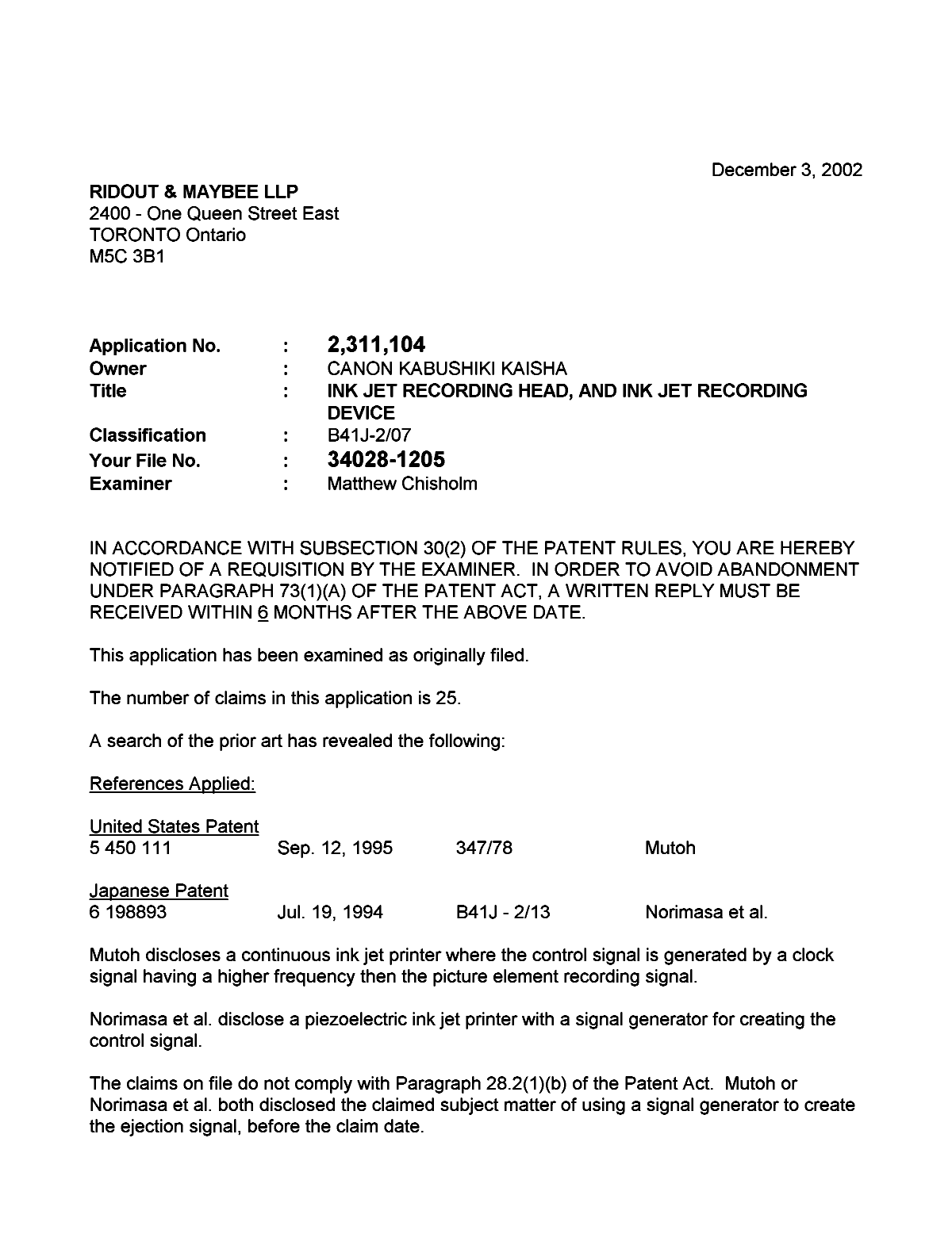 Canadian Patent Document 2311104. Prosecution-Amendment 20021203. Image 1 of 2