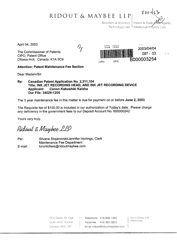 Canadian Patent Document 2311104. Fees 20030404. Image 1 of 1