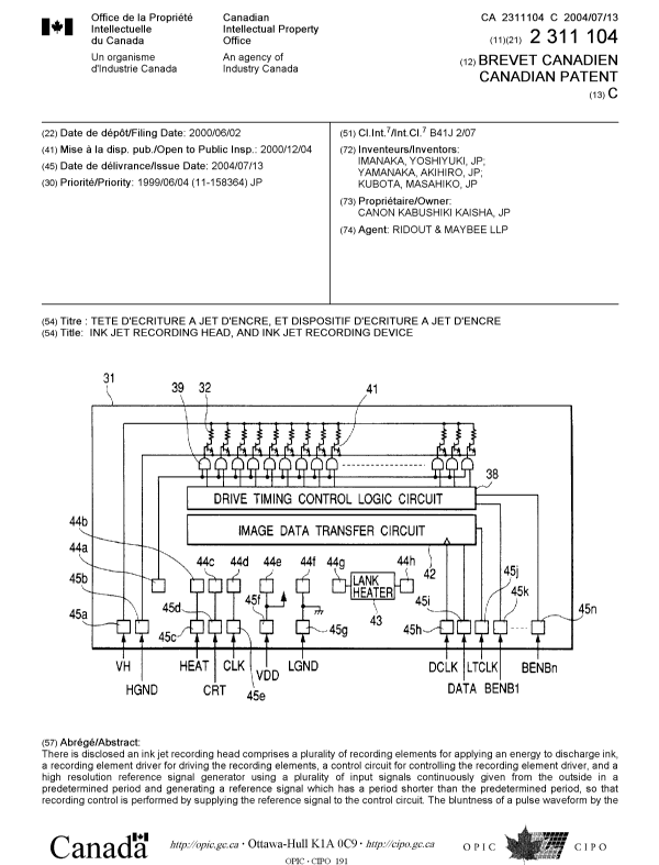 Document de brevet canadien 2311104. Page couverture 20040609. Image 1 de 2