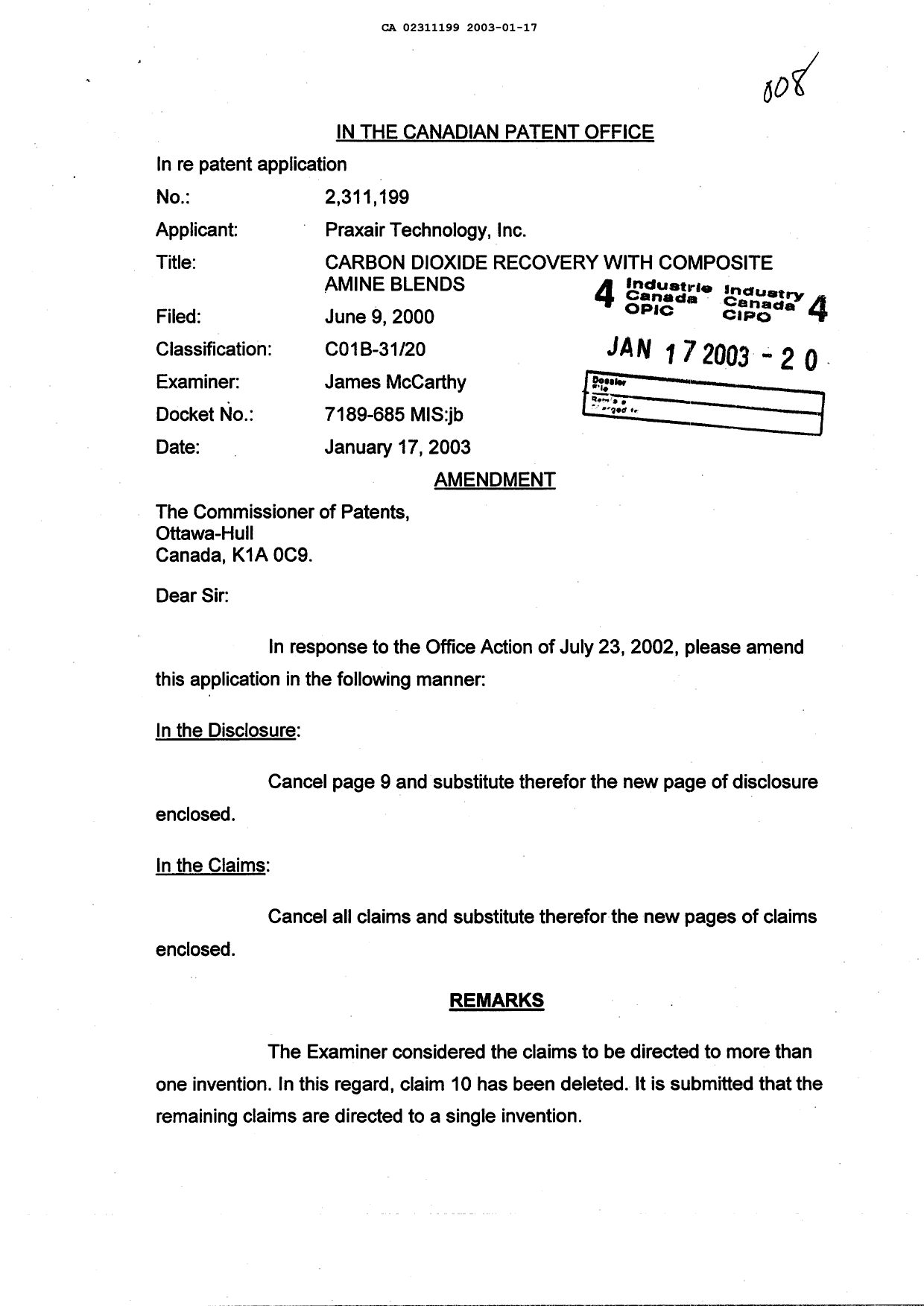 Document de brevet canadien 2311199. Poursuite-Amendment 20030117. Image 1 de 5